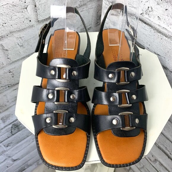 Vintage 90s Fishermans Sandals Black Leather Square Toe Low Block Heel - Picture 1 of 11